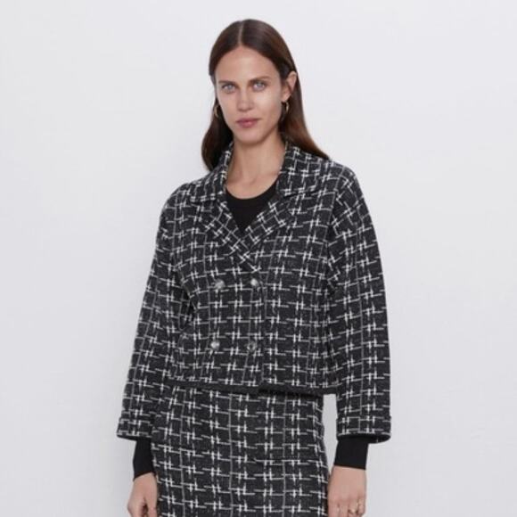 ZARA Chunky Knit Plaid Jacket Jewel Button Double Breasted Blazer Black White - Picture 2 of 16